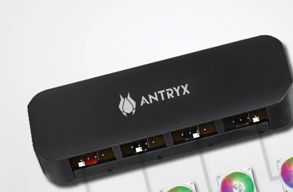 The included ARGB controller, wired to four fans