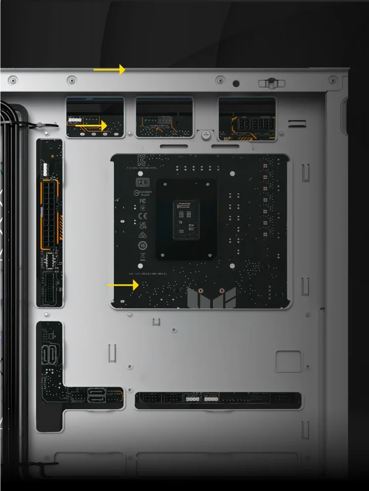 The FX 830 motherboard tray drilled for Back-to-Future boards, with all connectors routed behind the board