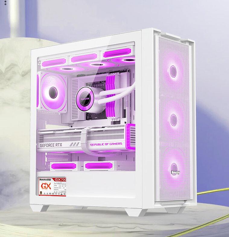 GX750C white build showing the steel frame and tempered-glass side panel