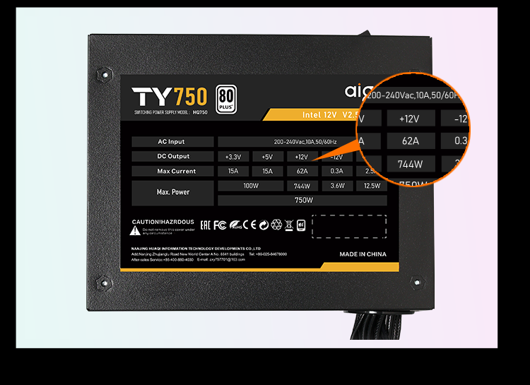 TY750 rating label: single +12V rail delivering 62 A / 744 W